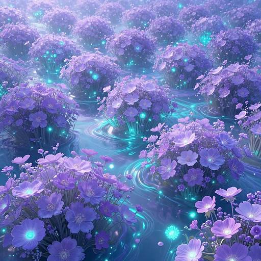 Digital art of a glowing, blue-tinged stream winding through a vibrant, purple field of luminous flowers, with bioluminescent fireflies