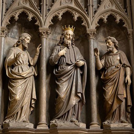 Photograph of three detailed, stone religious statues in a Gothic cathedral, featuring a crowned central figure with a crown, flanked by two bearded men
