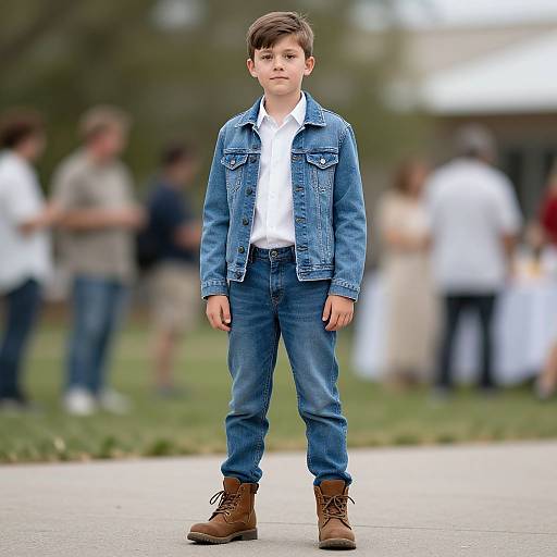 Photograph of a young boy with short brown hair, wearing a denim jacket, white shirt, blue jeans, and brown boots, standing confidently in a