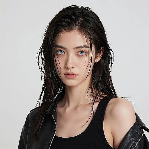 Young Woman with Wet Hair and Leather Jacket