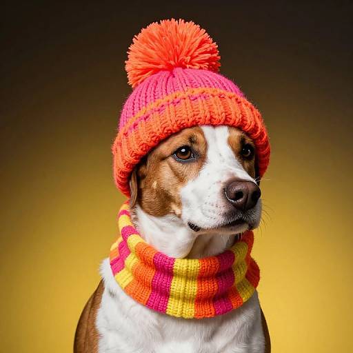 Photograph of a brown and white dog wearing a bright orange knit hat with a red pom-pom and a yellow-red plaid scarf against a gradient