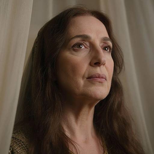 Photograph of a middle-aged woman with long brown hair, light skin, and neutral expression, standing behind sheer white curtains.