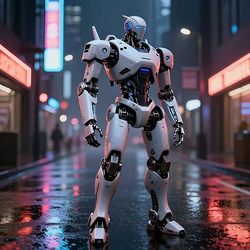 Cyberpunk-style CGI of a white, humanoid robot with blue eyes standing on a rain-slicked neon-lit street at night.