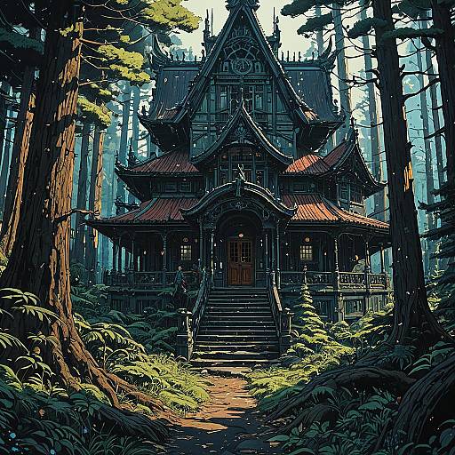 Intricate Forest Mansion Matte Oil Painting