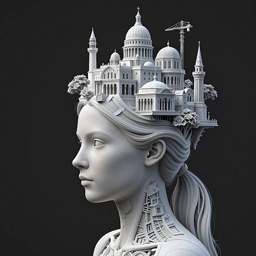 Digital CGI artwork of a white, featureless woman's profile with an elaborate, monochromatic architectural structure on her head, set against a black background