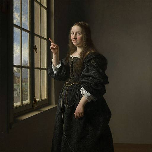 Photograph of a young woman in a dark, ornate Renaissance-style dress, standing by a window, pointing outside with a gentle smile.