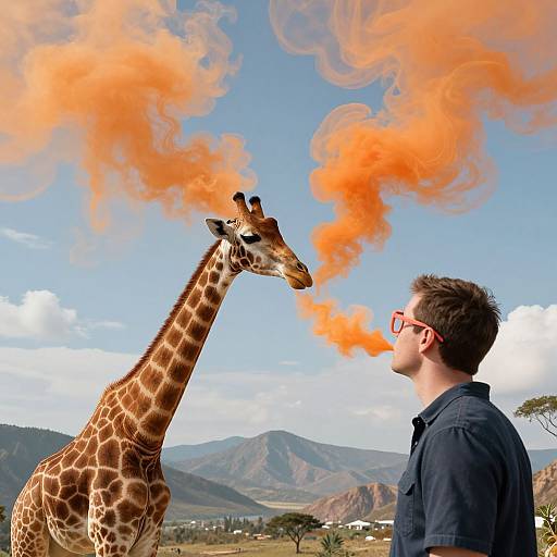 Photograph of a man in a blue shirt with red glasses, standing next to a giraffe blowing vibrant orange smoke, against a mountainous landscape.