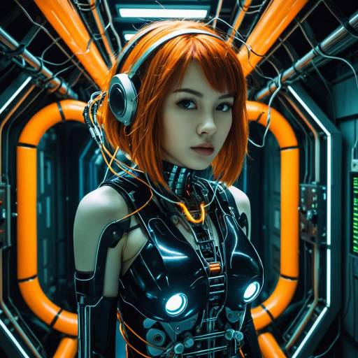 Futuristic Female Android in Neon Corridor