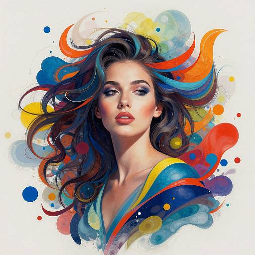 Digital painting of a beautiful woman with long, flowing dark hair, colorful abstract splashes, and a confident expression, wearing a blue and yellow garment.