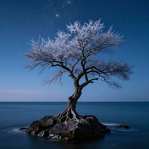 Lone Frosted Tree on Ocean Rock