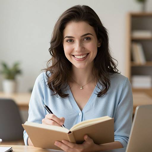 Photograph of a smiling young woman with wavy dark brown hair, wearing a light blue V-neck shirt, writing in an open notebook at a desk