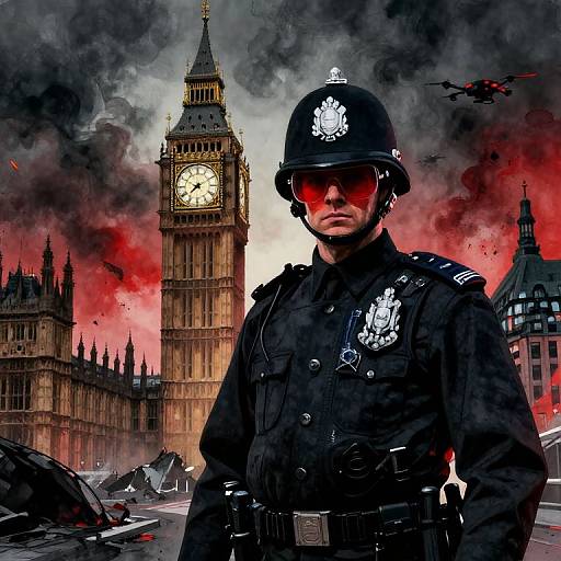 Digital artwork of a stern, armored British police officer with red-tinted visor, standing in front of a smoky, chaotic London skyline with