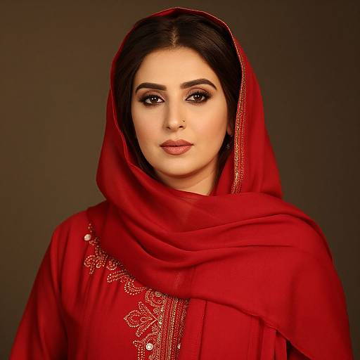 Close-Up Woman in Headscarf and Red Dress