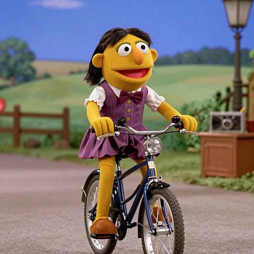 CGI image of a yellow, cartoon puppet in a purple dress riding a black bicycle on a countryside path with a lamp post.