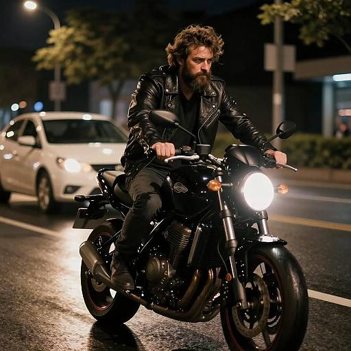 Rugged Man Riding Motorcycle at Night