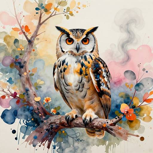 Vibrant watercolor illustration of a detailed owl with striking orange eyes, perched on a branch amidst colorful splashes and abstract foliage.