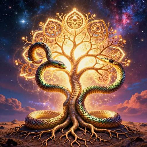 Digital artwork of a glowing, mystical tree with intricate, golden patterns, wrapped by two intertwined, neon-green snakes against a starry, cosmic sky.