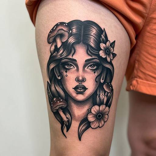 Surreal Female Face Thigh Tattoo