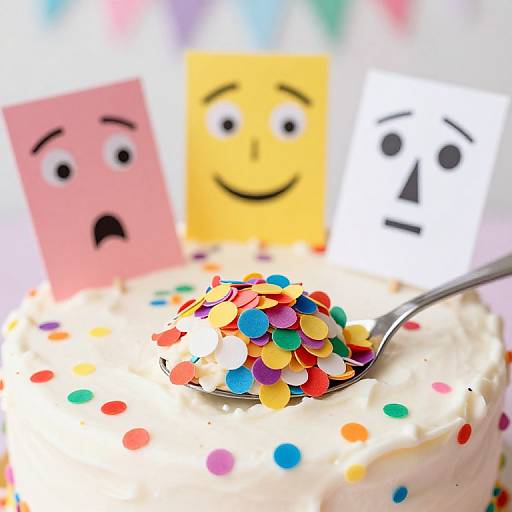 Photograph of a white frosted cake with colorful sprinkles, a spoonful of multi-colored sprinkles, and three cartoon emoticon faces (pink