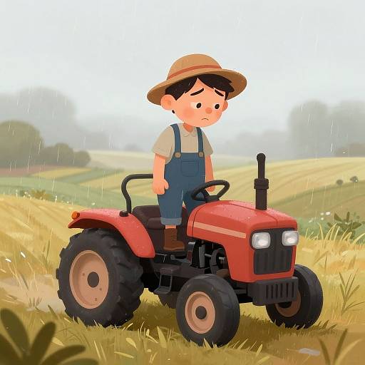 Sad Farmer on Tired Tractor