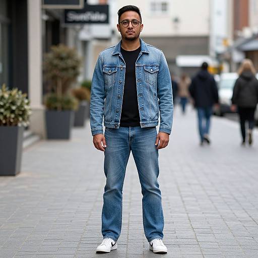 Photograph of a young Black man with short hair, glasses, wearing a blue denim jacket, black t-shirt, and blue jeans, standing on a