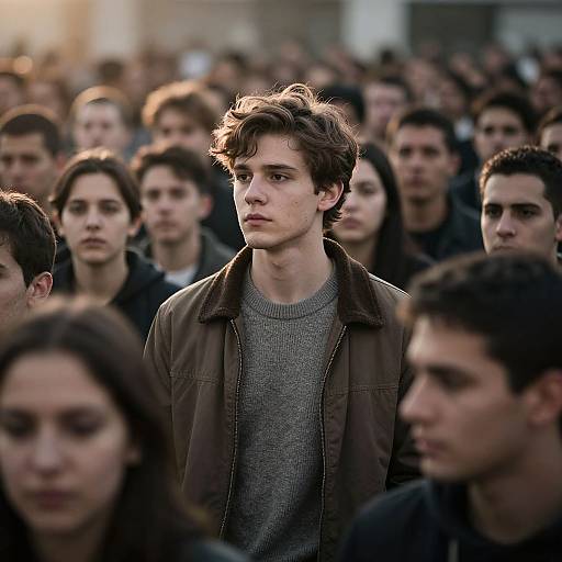 Young Man Amidst Blurred Crowd