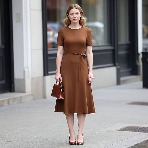 Photograph of a fair-skinned woman with shoulder-length brown hair in a brown, short-sleeve, knee-length dress, holding a brown hand
