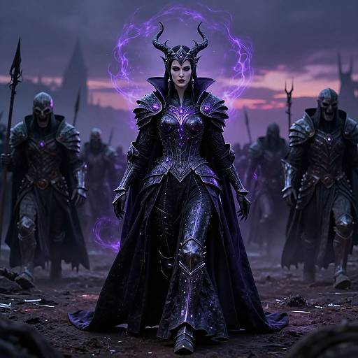 Digital artwork of a dark, armored queen with glowing purple horns and aura, standing in a battlefield at sunset, surrounded by armored warriors.