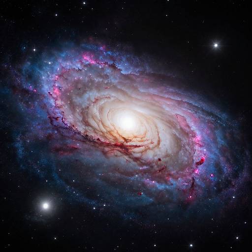 Photograph of a vibrant spiral galaxy with a bright, glowing core, surrounded by swirling blue, pink, and purple nebulae against a star-filled