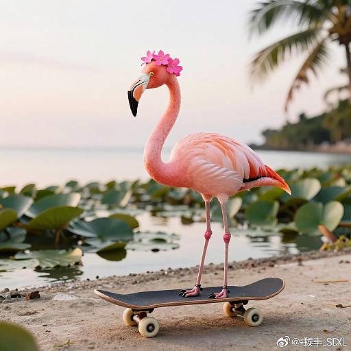 Flamingo on Skateboard with Flower Crown