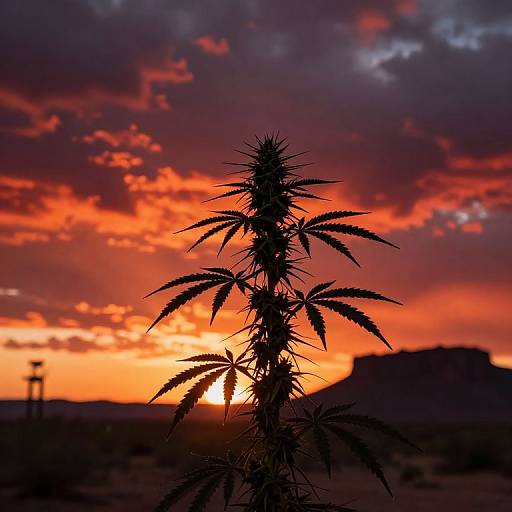 Silhouetted cannabis plant against vibrant orange-red sunset with dark clouds, set against a distant mountain and desert landscape. Photograph.
