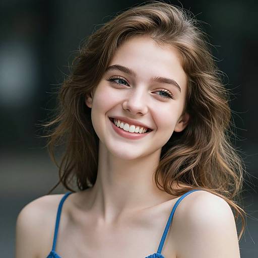 Photograph of a smiling young woman with fair skin, wavy brown hair, blue eyes, and wearing a blue spaghetti strap top, set against a