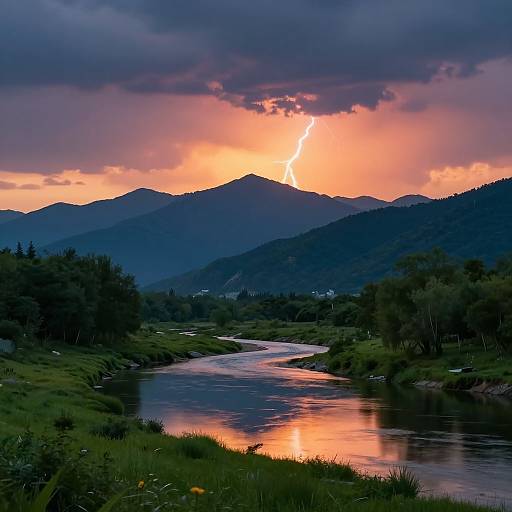 Photograph of a dramatic sunset over a mountain range, with a lightning bolt striking the sky, reflecting in a serene river.
