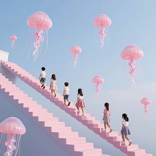 Digital art: Five Asian girls in school uniforms walk up pink stairs against a clear blue sky with floating pink jellyfish.
