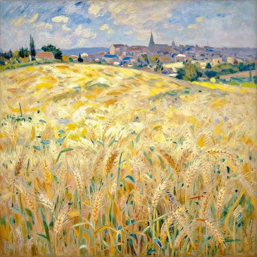 Impressionist painting of a sunlit wheat field with a distant village and church, featuring vibrant yellows, blues, and greens.