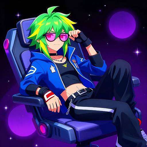 Digital anime-style drawing of a green-haired character with neon pink sunglasses, blue jacket, black pants, and fingerless gloves, lounging in a futuristic