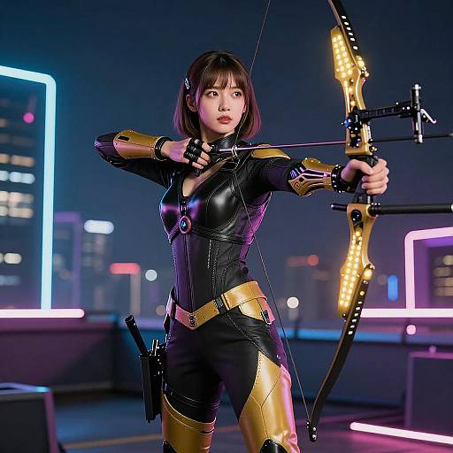 Cybernetic Archer Neon Rooftop Scene