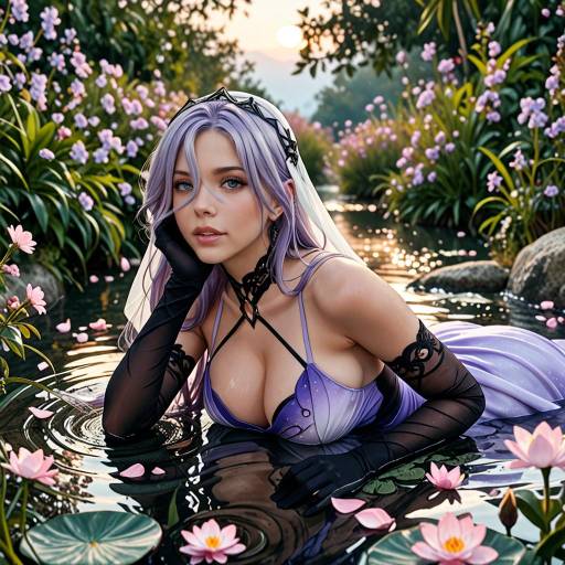 Anime Girl with Purple Hair in Water