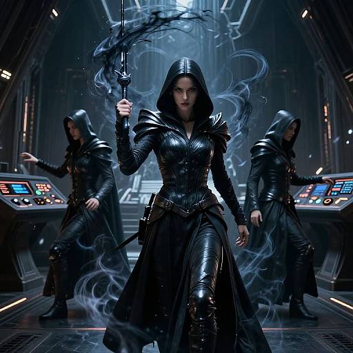 Digital artwork of a fierce, armored woman with dark hood, black leather outfit, and smoke, flanked by two hooded figures in a futuristic control
