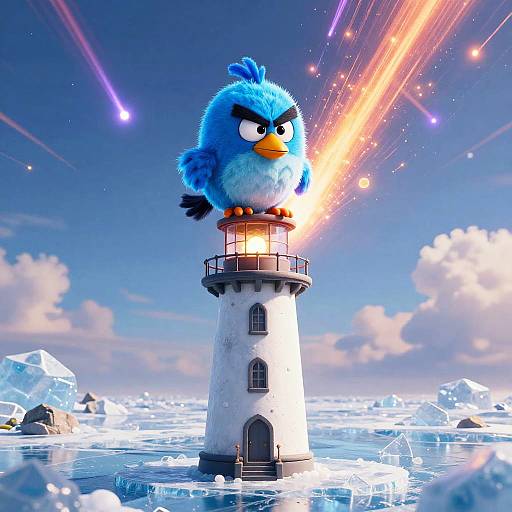 CGI image of a blue, angry, fluffy bird with a yellow beak standing on a white lighthouse, shooting fiery beams into a starry