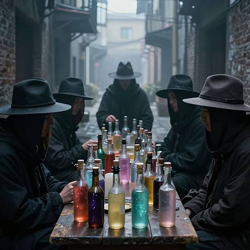 Photograph of five men in dark hats and coats, seated at a wooden table with colorful glowing bottles, in a misty, narrow alleyway with