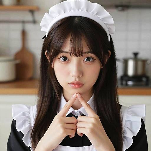 Photograph of a young Asian woman with long black hair, wearing a white maid headdress and black and white maid outfit, pointing index fingers to her