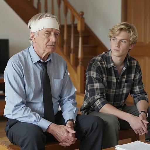 Older Man with Head Bandage and Young Man Sitting Indoors