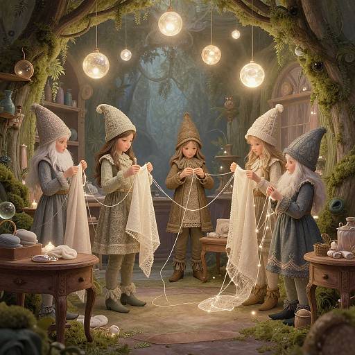 Four children in medieval-style outfits, wearing pointed hats, weave delicate lace in a cozy, lit, forest-themed workshop with hanging bulbs.