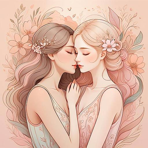 Tender Embrace of Two Women with Floral Background