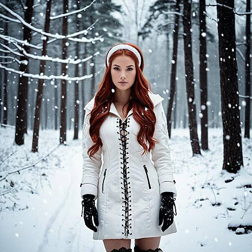 Woman in White Winter Coat Standing in Snowy Forest