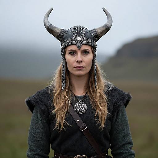 Photograph of a blonde woman with fair skin, wearing a Viking-style horned helmet and black medieval dress, standing in a misty, mountainous