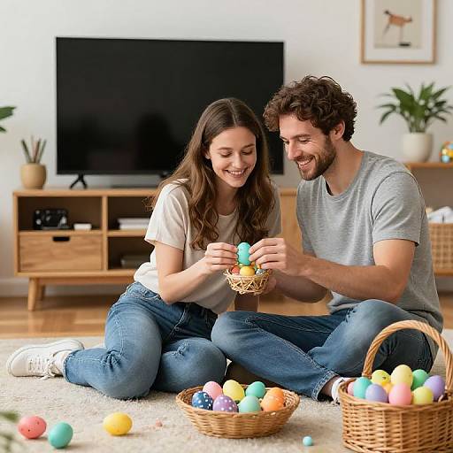 Photograph of a smiling brown-haired woman and curly-haired bearded man, both in grey and white t-shirts, kneeling on a carpet, filling a