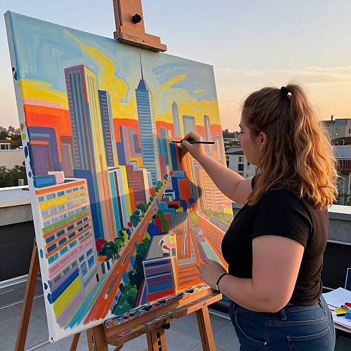 Photograph of a woman with wavy brown hair, wearing a black shirt and blue jeans, painting a vibrant, colorful cityscape on an easel