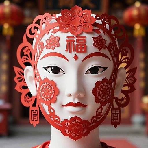 Photograph of a white porcelain face adorned with red paper flowers and Chinese characters, set against a blurred, festive background.